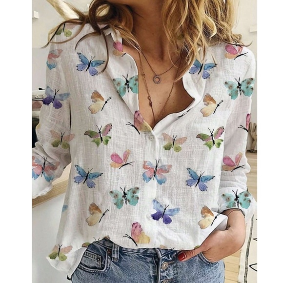 Plus Colorful Butterfly Print Button Down Boyfriend Shirt - Picture 1 of 5